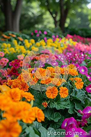 Vibrant marigolds and nasturtiums, providing a colorful border and natural pest control Stock Photo