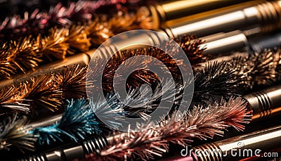 Vibrant metallic feather collection in a row, sharp luxury design generated by AI Stock Photo