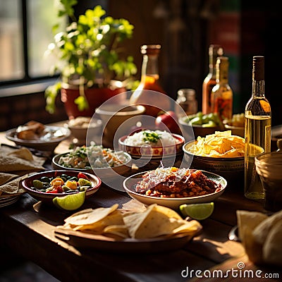 Vibrant Mexican Feast: Colorful Traditional Food and Drinks on Rustic Wooden Table Stock Photo