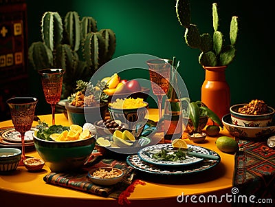 Vibrant Mexican Fiesta: Unveiling The Essence of Traditional Decor and Colorful Cacti Stock Photo