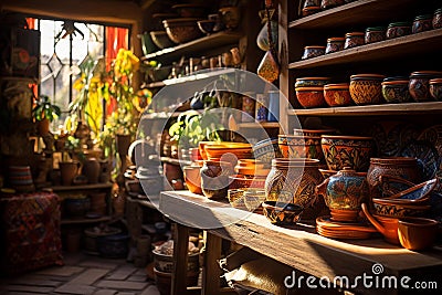 Vibrant Mexican Pottery & Handicrafts: A Colorful Market Stall Stock Photo