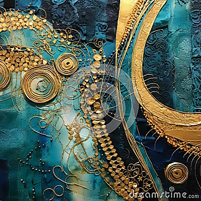 Vibrant Mixed Media Artwork: Textured Layers in Blue, Teal, and Gold Stock Photo