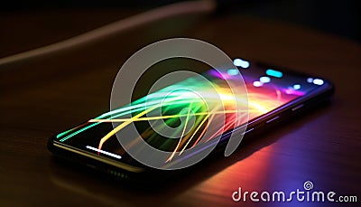 Vibrant mobile technology illuminates futuristic global communications in glowing colors generated by AI Stock Photo