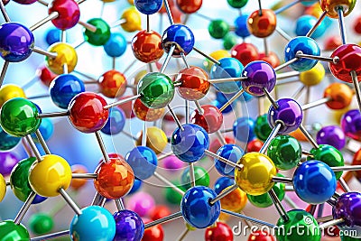 Vibrant Molecular Network: Interconnected Colorful Spheres Visualization. A vibrant network of interlinked spheres, each varying Stock Photo