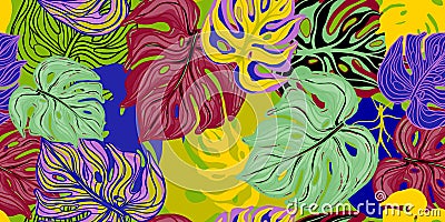 Vibrant monstera leaves seamless. Acid tropical pattern. Neon foliage backdrop. Summer tropical leaf Vector Illustration