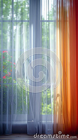 Vibrant morning scene, curtains and colorful windows, home concept Stock Photo