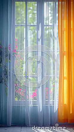 Vibrant morning scene, curtains and colorful windows, home concept Stock Photo