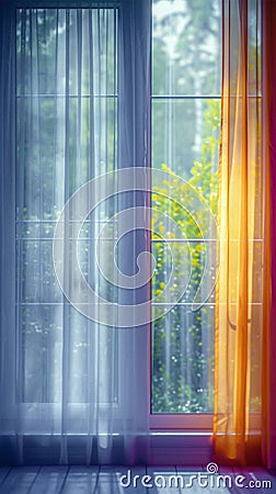 Vibrant morning scene, curtains and colorful windows, home concept Stock Photo