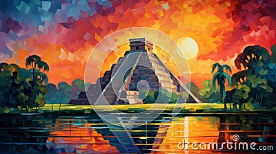 Vibrant Mosaic: Sunset Painting Of Old Mayan Ruins At Chichen Itza Stock Photo