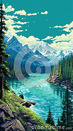 Vibrant Mountain Landscape With Lake - Whistlerian Style Pixel Painting Stock Photo