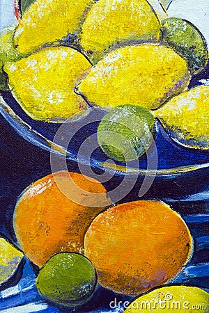 Original oil painting close up detail - lemons and limes Stock Photo