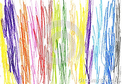 Vibrant Multicolor Crayon Scribbles Creating a Playful Pattern on a Blank White Canvas Stock Photo