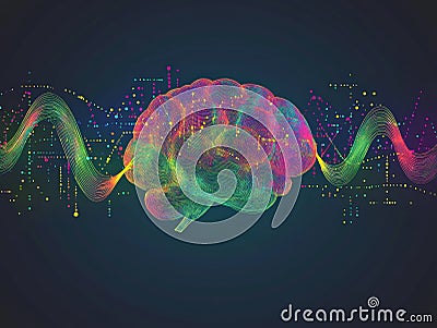 Vibrant multicolored brain glowing with waves of abstract patterns representing cognitive diversity creativity and neural expan Cartoon Illustration