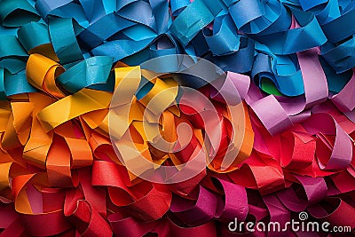 Vibrant multicolored paper strips in an array of varied colors forming intricate circular patterns, creating a visually stunn Cartoon Illustration