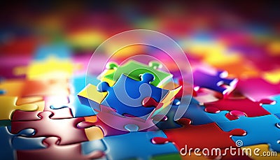 Vibrant and multicolored puzzle pieces illustrating neurodiversity concept with ample space for text Cartoon Illustration