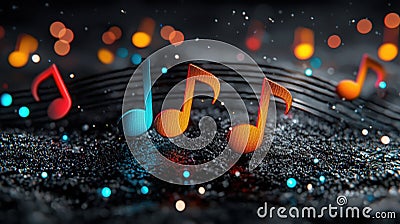 Vibrant musical notes float above a textured surface creating a lively atmosphere filled with colorful bokeh lights Stock Photo