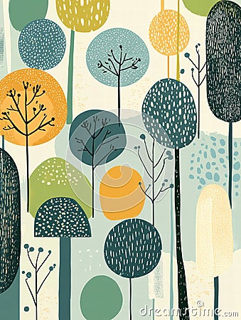 Vibrant naive art style background with diverse trees and colorful circles for mock up and text placement. Generative AI Stock Photo