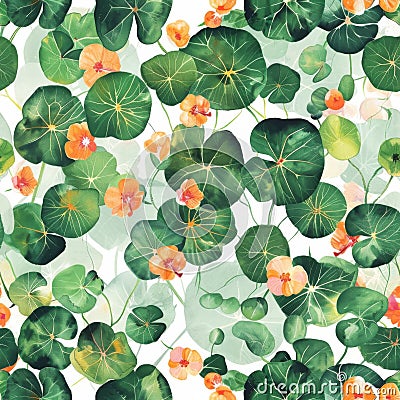 Vibrant Nasturtiums and Lush Water Lily Pads Pattern Stock Photo