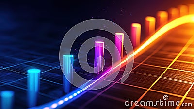 Vibrant neon bar graph with glowing pixels and dynamic curve, showcasing data visualization in colorful and engaging Stock Photo