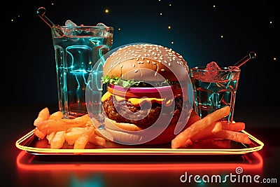 Vibrant neon burger and soda cup in message frame evoke mouthwatering cravings. Stock Photo