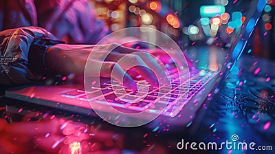 Vibrant Neon Coder at Work, Artificial intelligence-themed background Stock Photo