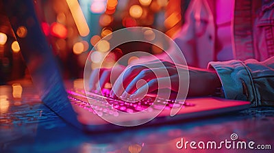 Vibrant Neon Coder at Work, Artificial intelligence-themed background Stock Photo
