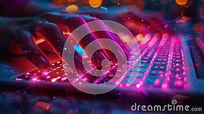 Vibrant Neon Coder at Work, Artificial intelligence-themed background Stock Photo