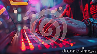 Vibrant Neon Coder at Work, Artificial intelligence-themed background Stock Photo