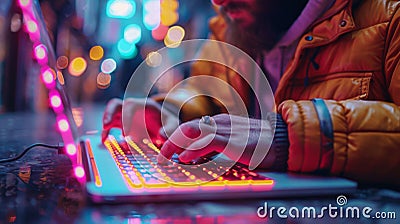 Vibrant Neon Coder at Work, Artificial intelligence-themed background Stock Photo
