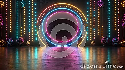 Vibrant neon lights in circular and linear patterns illuminate a dark stage, creating a futuristic and dynamic atmosphere Stock Photo