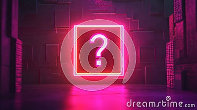 A vibrant neon sign displaying a question mark, set against a dark, moody background, creating an atmosphere of intrigue and Stock Photo