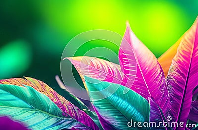 Vibrant Neon Tropical Leaves Layout: Creative Fluorescent Colors for a Nature Concept. Stock Photo