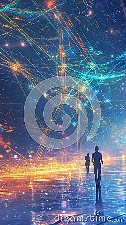 Vibrant networking scene with glowing nodes and data streams connecting colleagues globally. Stock Photo
