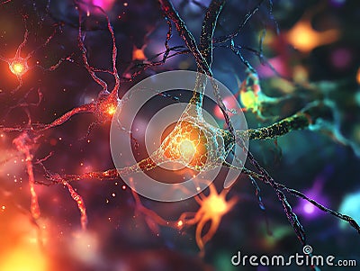 Vibrant neural network with glowing connections, representing the dynamic nature of brain activity and neural communication Cartoon Illustration