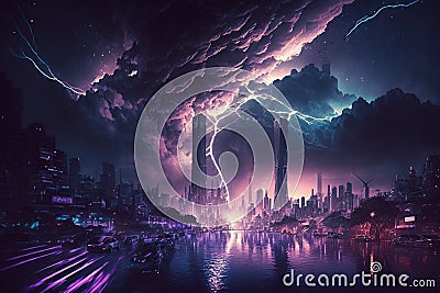 Vibrant and Nostalgic futuristic cityscape being inundated by tsunami Stock Photo