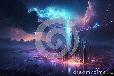 Vibrant and Nostalgic futuristic cityscape being inundated by tsunami Stock Photo