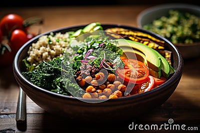 Vibrant Nutritious Buddha Bowl, Meticulously Plated Vegetarian Dish, Fresh and Cooked Ingredients Stock Photo