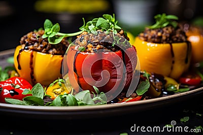 Vibrant Nutritious Buddha Bowl, Meticulously Plated Vegetarian Dish, Fresh and Cooked Ingredients Stock Photo