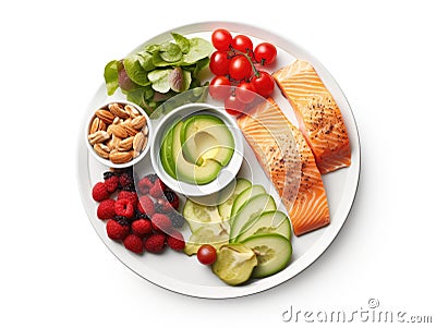 Vibrant, nutritious meal plate with salmon, avocado, and fresh veggies, Stock Photo