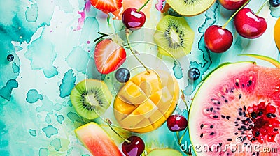 Vibrant Oasis: A Whimsical Food t on Watercolor Background Stock Photo