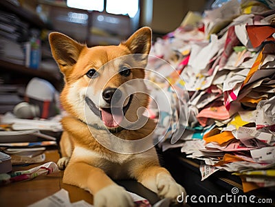Shiba Inu dog working in vibrant office Stock Photo