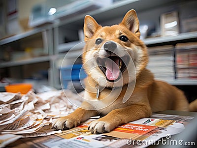 Shiba Inu dog working in vibrant office Stock Photo