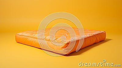 Vibrant Orange Cushion With Aggressive Quilting On Yellow Background Stock Photo
