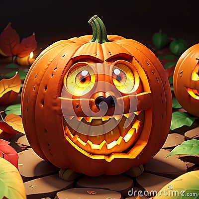 A vibrant orange halloween pumpkin with intricate carvings and glowing eyes. generative Ai Stock Photo