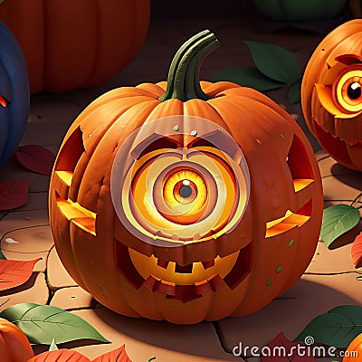 A vibrant orange halloween pumpkin with intricate carvings and glowing eyes. generative Ai Stock Photo