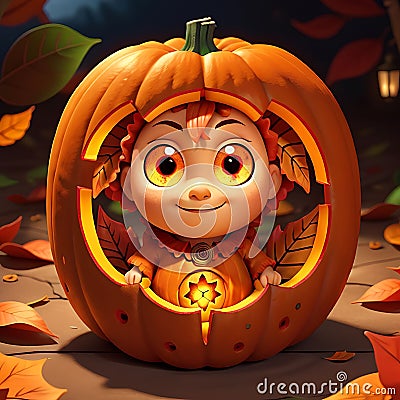 A vibrant orange halloween pumpkin with intricate carvings and glowing eyes. generative Ai Stock Photo