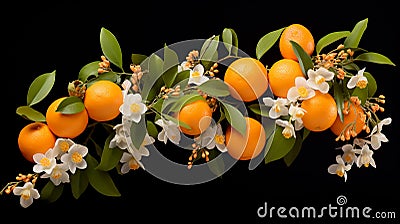 A vibrant orange, its citrusy zest accentuated by delicate orange blossoms and leaves Stock Photo