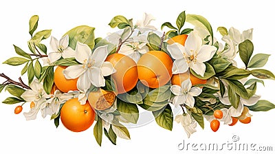 A vibrant orange, its citrusy zest accentuated by delicate orange blossoms and leaves Stock Photo