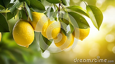 Vibrant organic lemons growing on sunny citrus branches in a lush green fruiting garden Stock Photo