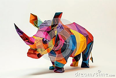 Vibrant origami rhino crafted from an array of colorful paper, showcasing intricate folds and dynamic geometric patterns Stock Photo